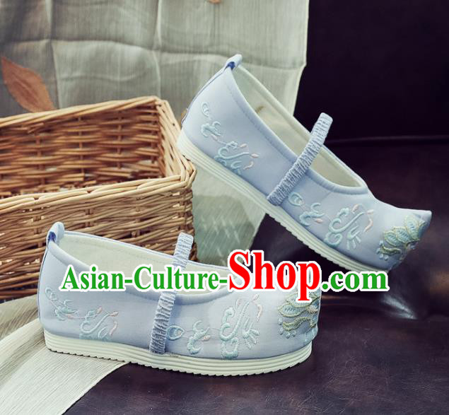 Asian Chinese Traditional Princess Hanfu Shoes National Blue Cloth Shoes Embroidered Shoes for Kids