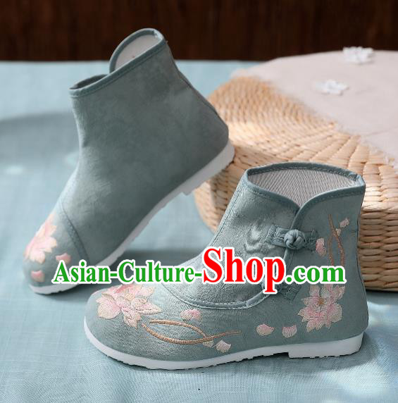 Asian Chinese Traditional Embroidered Lotus Green Boots Hanfu Shoes National Cloth Shoes for Women