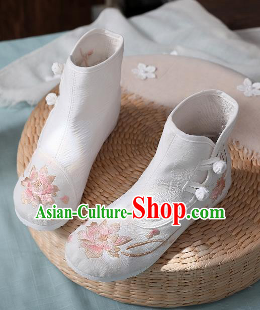 Asian Chinese Traditional Embroidered Lotus White Boots Hanfu Shoes National Cloth Shoes for Women