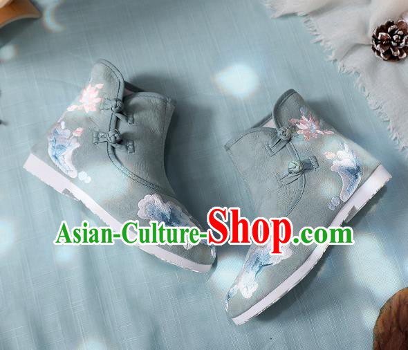 Asian Chinese Traditional Embroidered Lotus Leaf Green Boots Hanfu Shoes National Cloth Shoes for Women