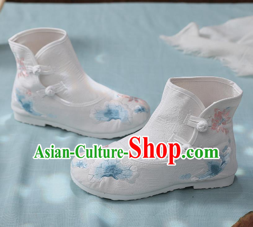 Asian Chinese Traditional Embroidered Lotus Leaf White Boots Hanfu Shoes National Cloth Shoes for Women