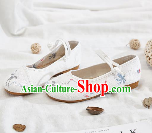 Asian Chinese Traditional Embroidered Crane White Shoes Hanfu Shoes National Cloth Shoes for Women