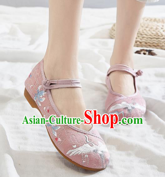 Asian Chinese Traditional Embroidered Crane Pink Shoes Hanfu Shoes National Cloth Shoes for Women