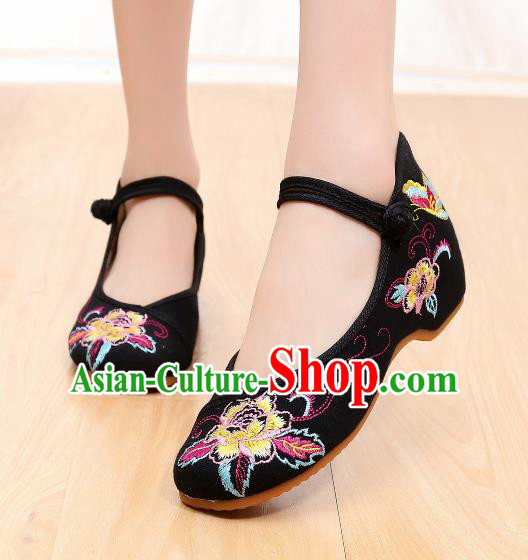 Asian Chinese Traditional Black Embroidered Shoes Hanfu Shoes National Cloth Shoes for Women