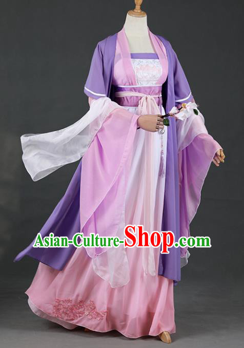 Chinese Ancient Cosplay Court Princess Purple Dress Traditional Hanfu Swordsman Costume for Women