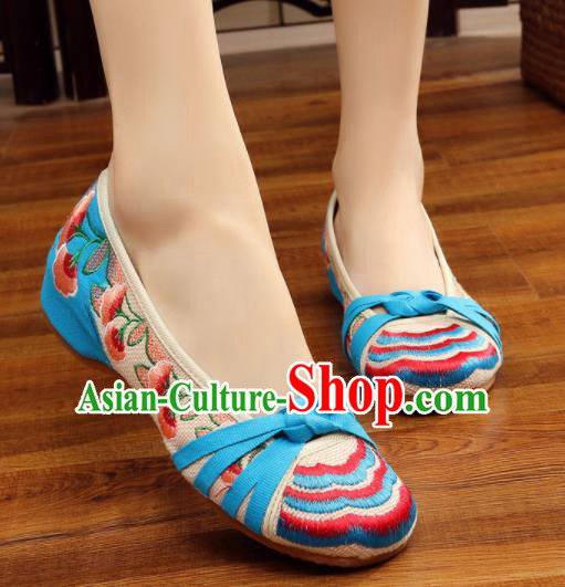 Asian Chinese Traditional Dance Embroidered Blue Shoes Hanfu Wedding Shoes National Cloth Shoes for Women