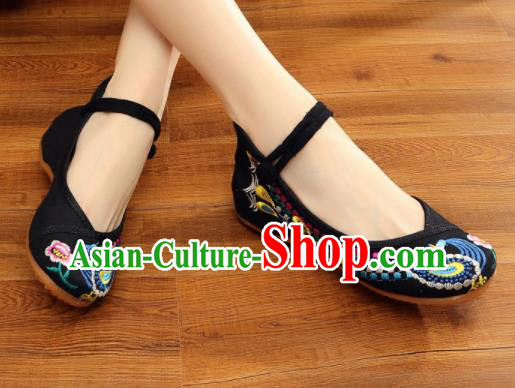 Asian Chinese Traditional Dance Embroidered Peacock Black Shoes Hanfu Wedding Shoes National Cloth Shoes for Women