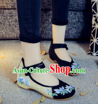 Asian Chinese Traditional Dance Black Embroidered Shoes Hanfu Wedding Shoes National Cloth Shoes for Women