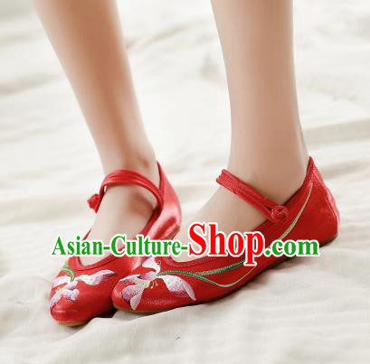 Asian Chinese Traditional Dance Embroidered Lotus Red Shoes Hanfu Wedding Shoes National Cloth Shoes for Women