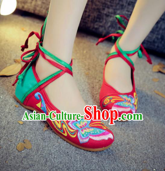 Asian Chinese Traditional Dance Embroidered Butterfly Red Shoes Hanfu Wedding Shoes National Cloth Shoes for Women