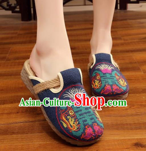 Asian Chinese Dance Navy Embroidered Shoes Traditional Hanfu Shoes National Cloth Shoes for Women