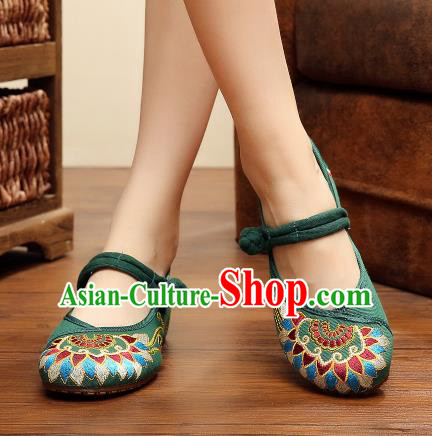 Asian Chinese Classical Dance Atrovirens Embroidered Shoes Traditional Hanfu Shoes National Cloth Shoes for Women