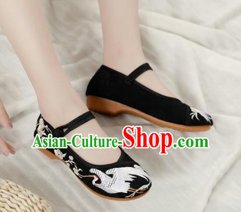 Asian Chinese Classical Dance Embroidered Crane Black Shoes Traditional Hanfu Shoes National Cloth Shoes for Women