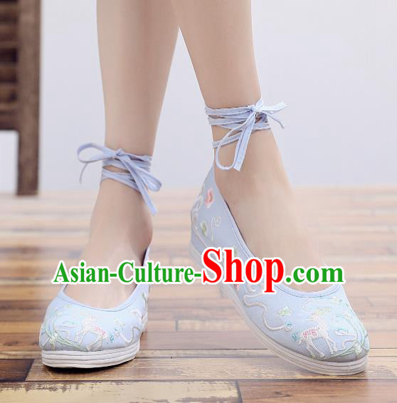 Asian Chinese Classical Dance Embroidered Deer Blue Shoes Traditional Hanfu Shoes National Cloth Shoes for Women