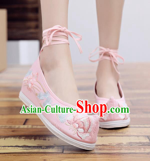 Asian Chinese National Pink Embroidered Peony Shoes Dance Cloth Shoes Traditional Hanfu Shoes for Women