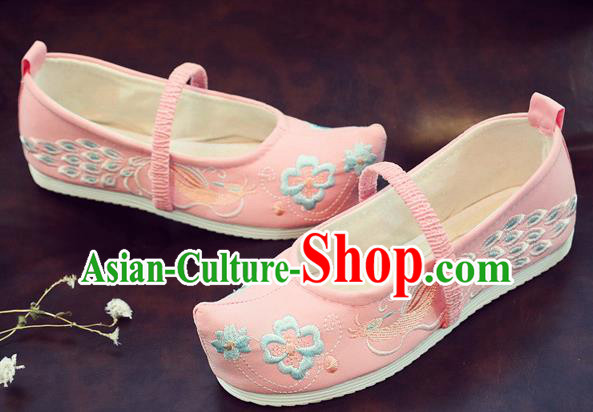 Asian Chinese Traditional Embroidered Peacock Pink Shoes Hanfu Shoes National Cloth Shoes for Kids