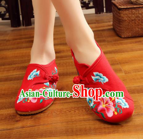 Asian Chinese National Embroidered Petunia Red Shoes Dance Cloth Shoes Traditional Hanfu Shoes for Women