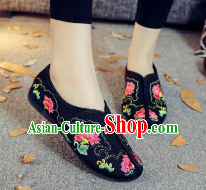 Asian Chinese Traditional Embroidered Peony Black Shoes Hanfu Wedding Shoes National Cloth Shoes for Women