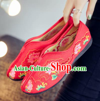 Asian Chinese Traditional Embroidered Peony Red Shoes Hanfu Wedding Shoes National Cloth Shoes for Women