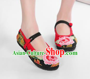 Asian Chinese National Embroidered Peony Red Cloth Shoes Classical Dance Shoes Traditional Hanfu Shoes for Women