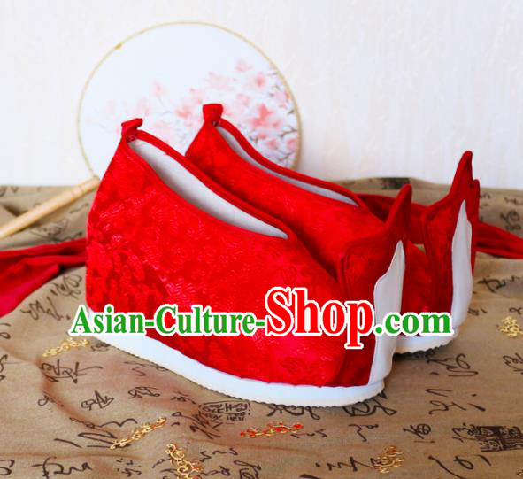 Asian Chinese Traditional Wedding Red Satin Shoes Ancient Princess Shoes Hanfu Shoes for Women