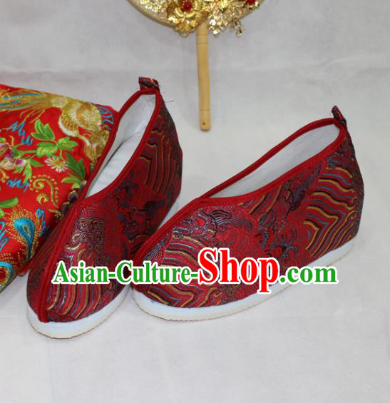 Asian Chinese Traditional Purplish Red Blood Stained Shoes Ancient Princess Wedding Shoes Hanfu Shoes for Women