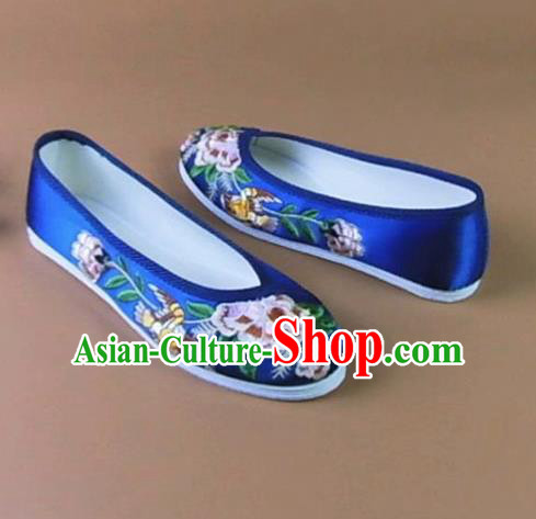 Asian Chinese National Embroidered Peony Royalblue Shoes Ancient Princess Satin Shoes Traditional Hanfu Shoes for Women