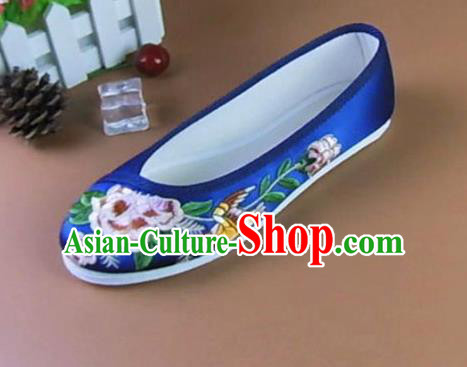 Asian Chinese National Embroidered Peony Royalblue Shoes Ancient Princess Satin Shoes Traditional Hanfu Shoes for Women