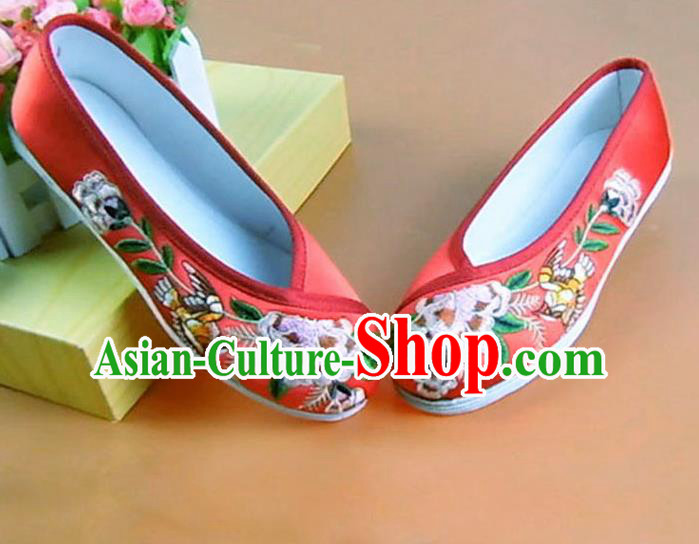 Asian Chinese National Embroidered Peony Red Shoes Ancient Princess Satin Shoes Traditional Hanfu Shoes for Women