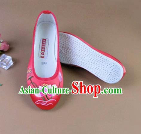 Asian Chinese National Embroidered Lotus Red Shoes Ancient Princess Satin Shoes Traditional Hanfu Shoes for Women