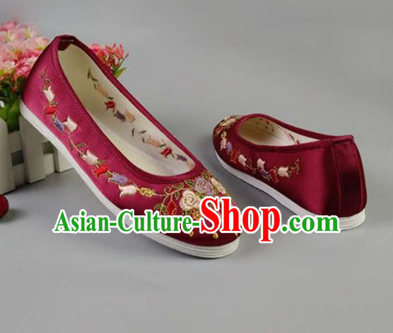 Asian Chinese Traditional Wine Red Satin Shoes Ancient Princess Embroidered Shoes Hanfu Shoes for Women