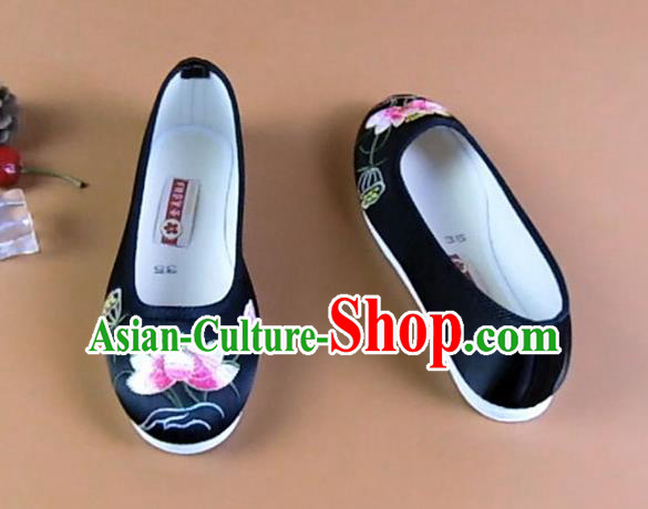Asian Chinese National Embroidered Lotus Black Shoes Ancient Princess Satin Shoes Traditional Hanfu Shoes for Women