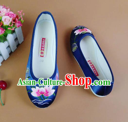 Asian Chinese National Embroidered Lotus Blue Shoes Ancient Princess Satin Shoes Traditional Hanfu Shoes for Women