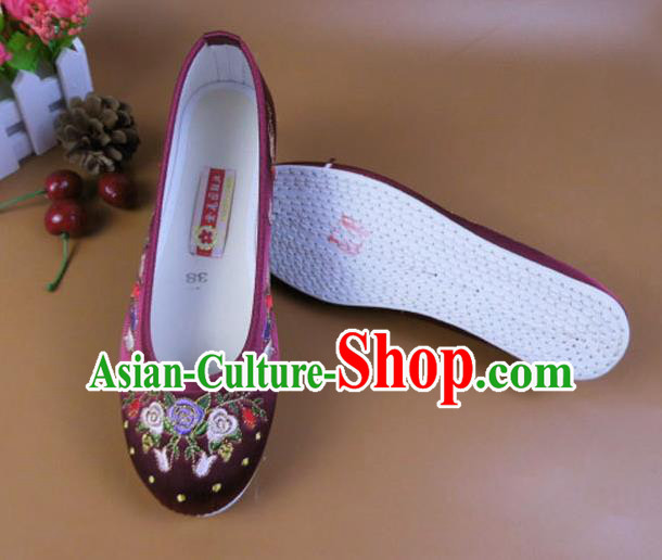 Asian Chinese National Embroidered Flowers Purple Shoes Ancient Princess Satin Shoes Traditional Hanfu Shoes for Women