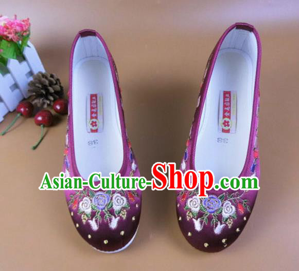 Asian Chinese National Embroidered Flowers Purple Shoes Ancient Princess Satin Shoes Traditional Hanfu Shoes for Women