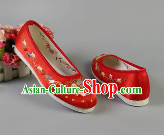Asian Chinese Traditional Red Satin Shoes Ancient Princess Embroidered Shoes Hanfu Shoes for Women