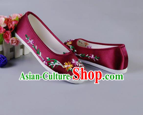 Asian Chinese National Wine Red Satin Shoes Ancient Princess Embroidered Shoes Traditional Hanfu Shoes for Women