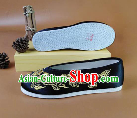 Asian Chinese National Black Shoes Ancient Princess Embroidered Dragon Shoes Traditional Hanfu Shoes for Women