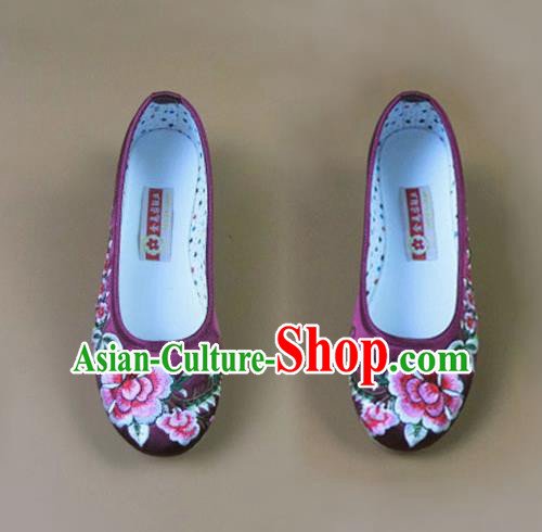 Asian Chinese National Purple Embroidered Peony Shoes Ancient Princess Satin Shoes Traditional Hanfu Shoes for Women