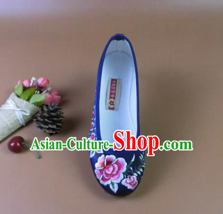 Asian Chinese National Royalblue Embroidered Peony Shoes Ancient Princess Satin Shoes Traditional Hanfu Shoes for Women