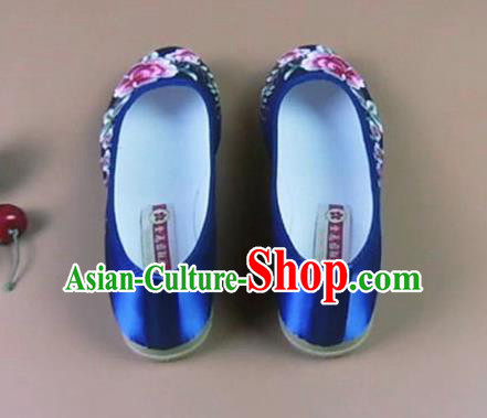 Asian Chinese National Royalblue Embroidered Peony Shoes Ancient Princess Satin Shoes Traditional Hanfu Shoes for Women