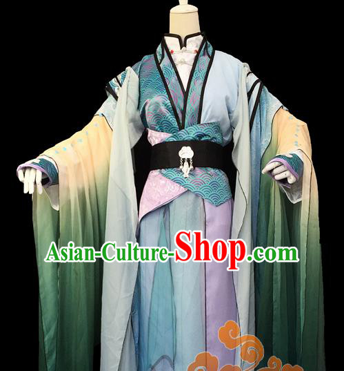 Custom Chinese Ancient Cosplay Taoist Priest Green Clothing Traditional Swordsman Dragon Prince Costume for Men