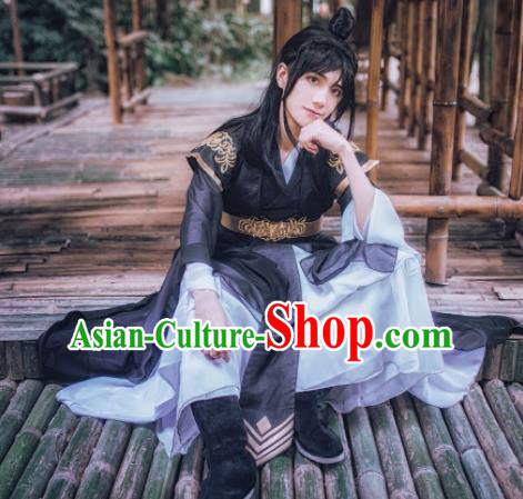 Chinese Ancient Cosplay Young Knight Swordsman Black Clothing Custom Traditional Nobility Childe Costume fro Men