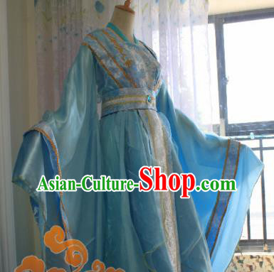 Traditional Chinese Cosplay Court Princess Blue Dress Ancient Fairy Swordswoman Costume for Women