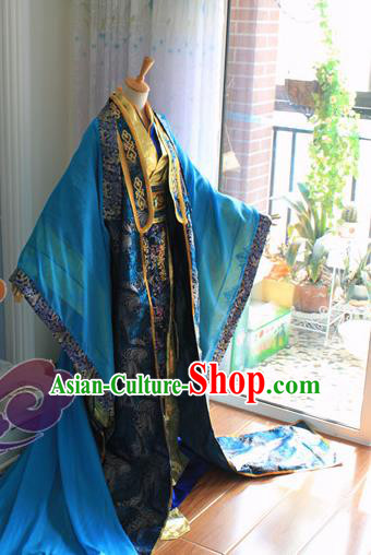 Custom Chinese Ancient Royal Highness Blue Clothing Traditional Cosplay Emperor Swordsman Costume for Men