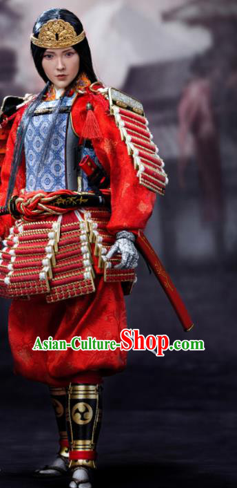 Japanese Ancient Female General Armor Traditional Asian Japan Samurai Red Costumes Complete Set for Women