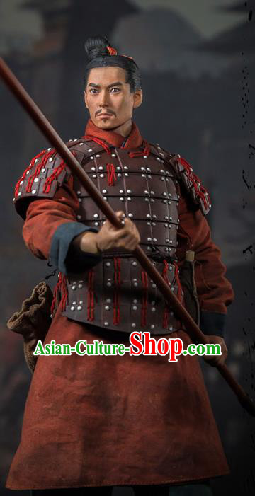 Chinese Ancient Soldier Armor and Helmet Traditional Qin Dynasty Military Officer Costumes Complete Set for Men