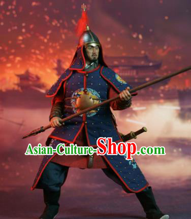 Chinese Ancient Soldier Armor and Helmet Traditional Ming Dynasty Military Officer Costumes Complete Set for Men