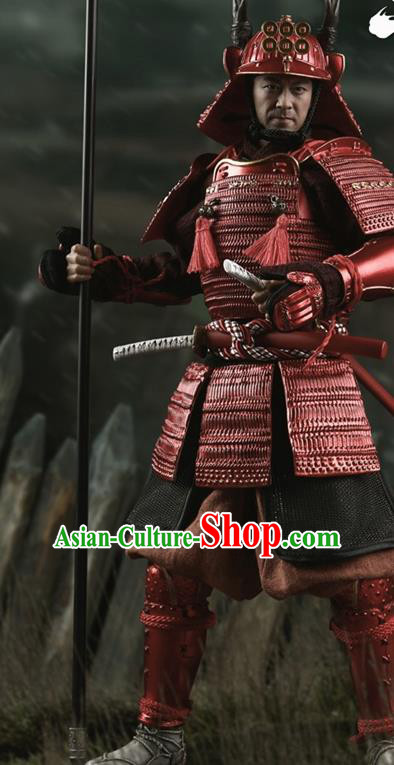 Japanese Ancient Warrior General Red Armor and Helmet Traditional Asian Japan Samurai Costumes Complete Set for Men