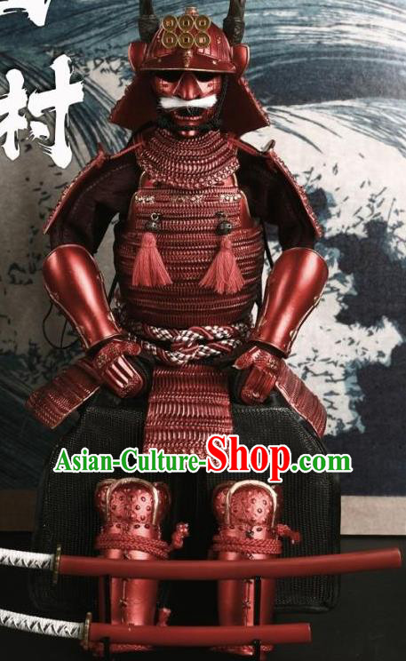 Japanese Ancient Warrior General Red Armor and Helmet Traditional Asian Japan Samurai Costumes Complete Set for Men